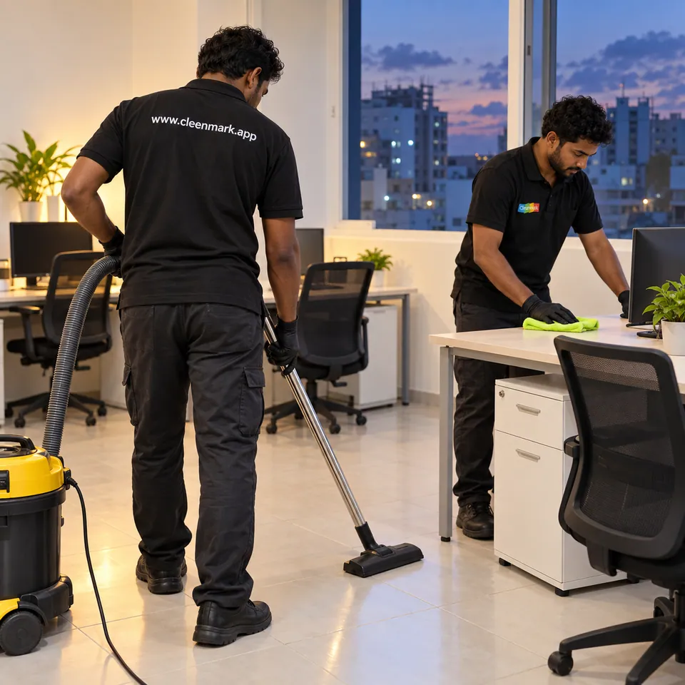 Two cleaners vacuuming and wiping desks in an office