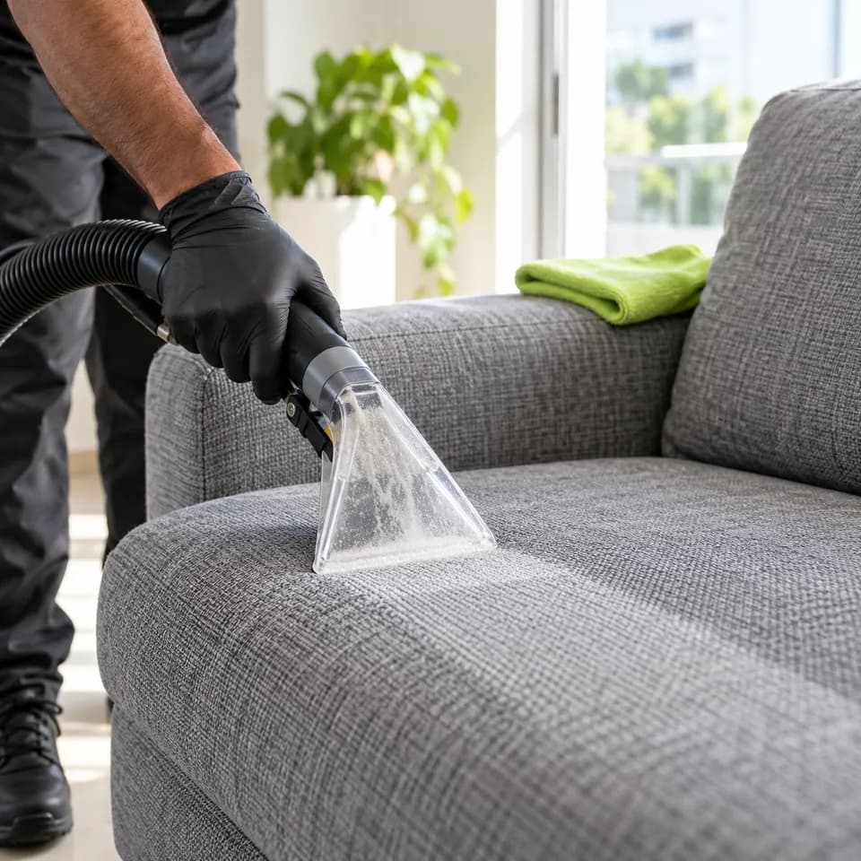 An upholstery extractor cleaning a grey fabric sofa