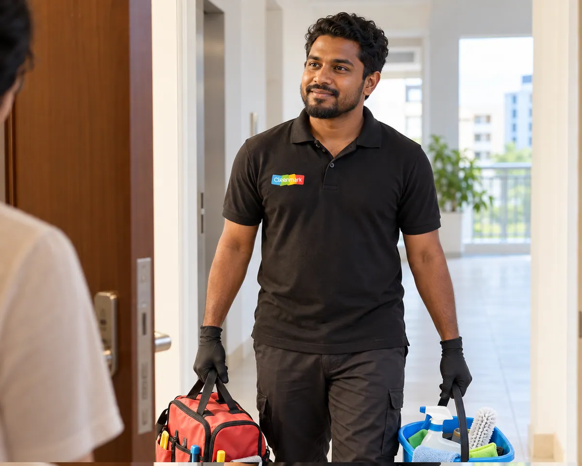 A Cleenmark technician arriving at an apartment door with a tool bag and a bucket of supplies
